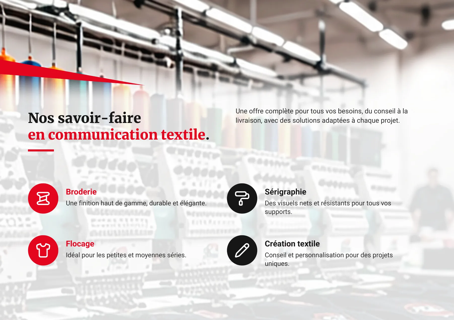 Page 3 : Nos savoir-faire en communication textile : broderie, sérigraphie, flocage, création textile.
