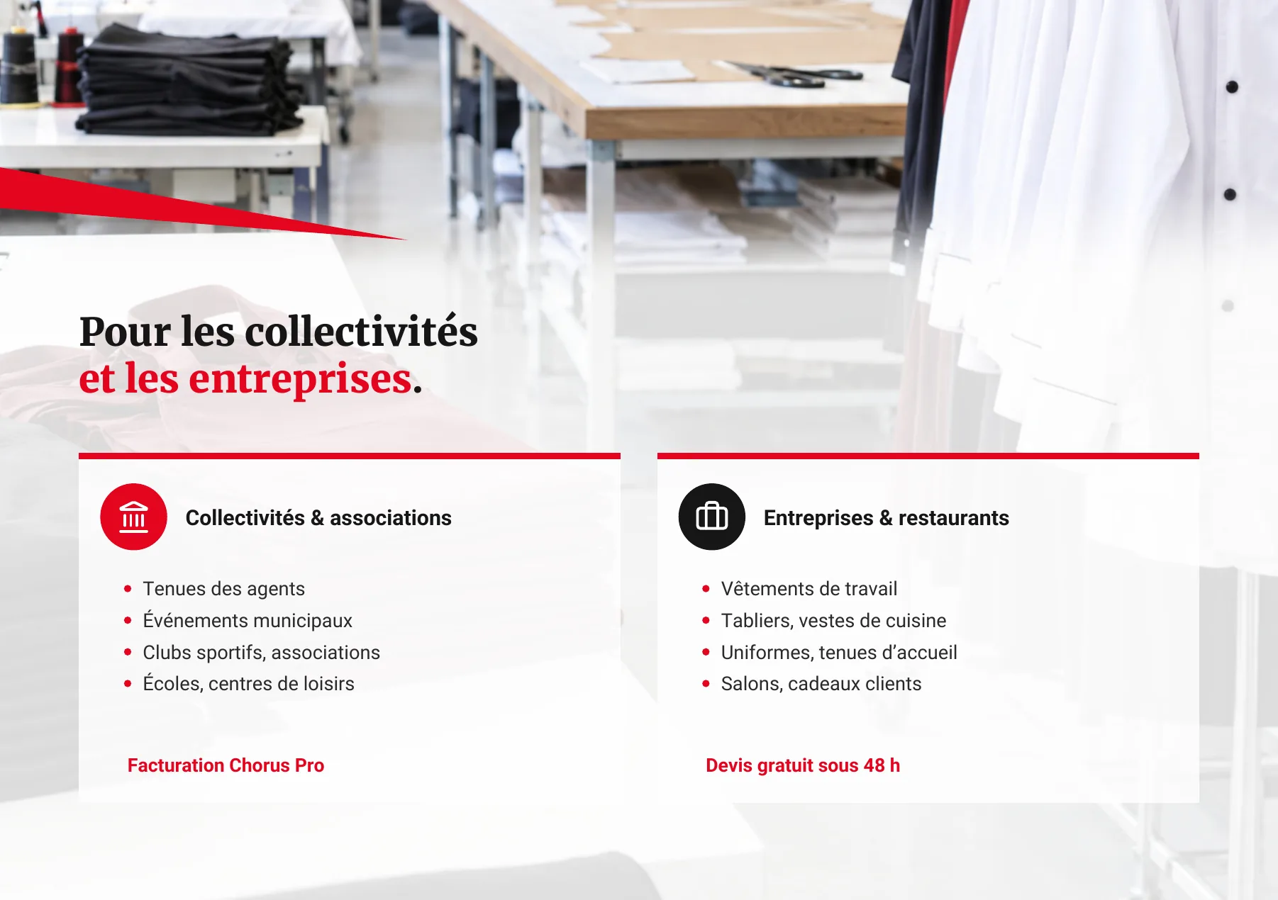 Page 6 : Pour les collectivités et les entreprises. Facturation Chorus Pro, devis gratuit sous 48 h.