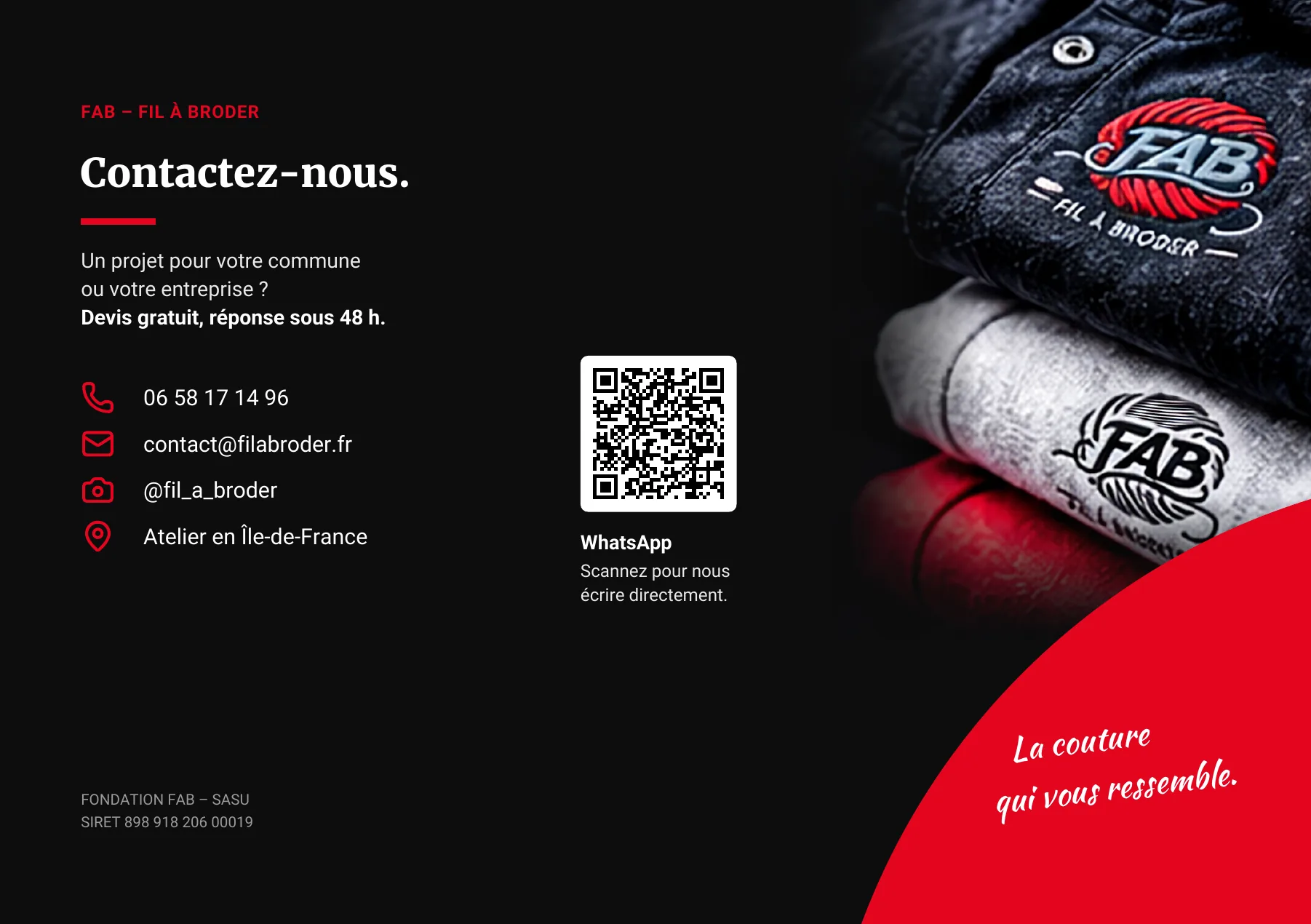 Page 8 : Contactez-nous. 06 58 17 14 96, contact@filabroder.fr, Instagram @fil_a_broder, WhatsApp. La couture qui vous rassemble.